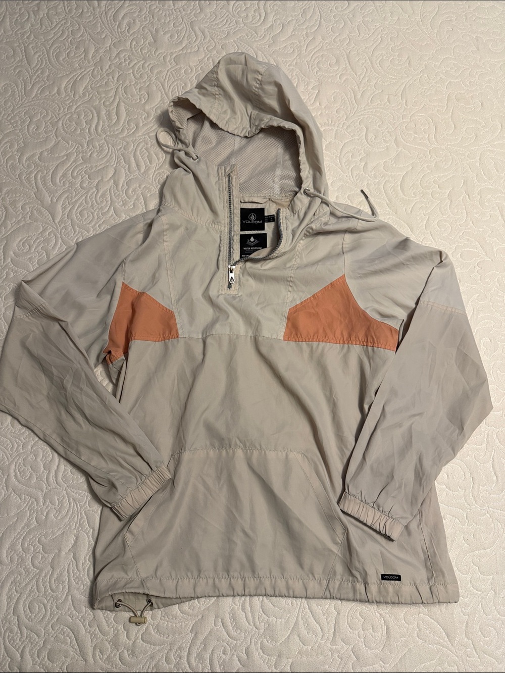 Volcom Light Gray Hooded Windbreaker with Peach Panels